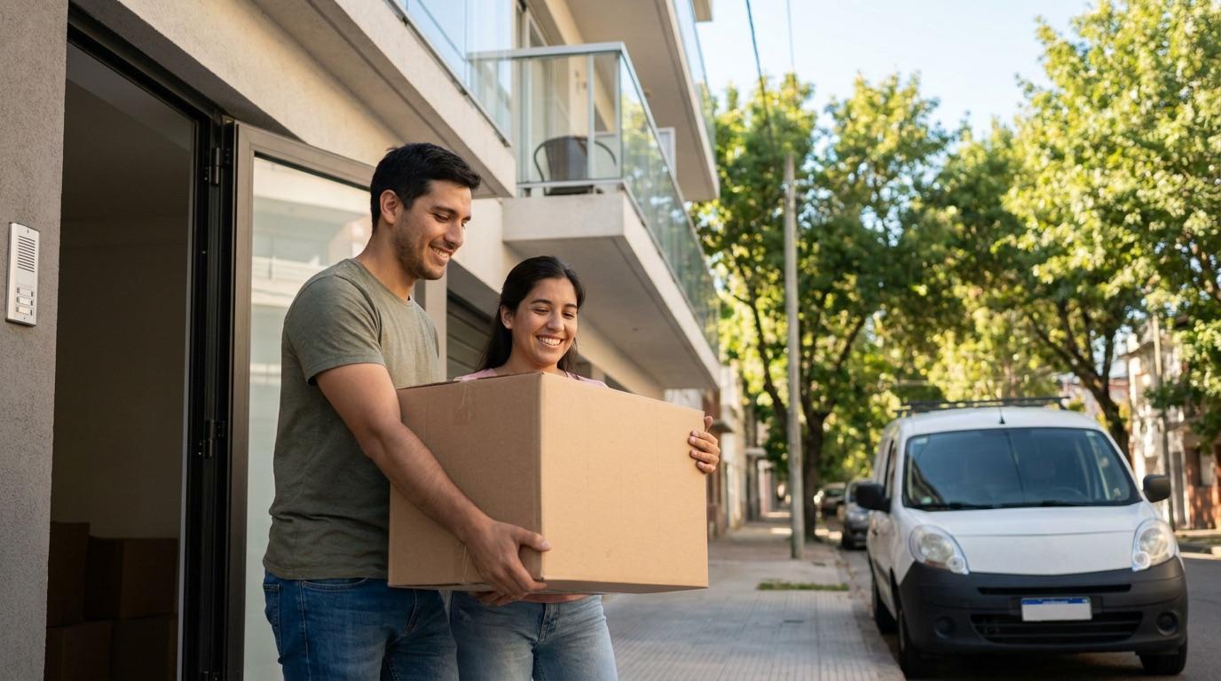 Pareja entrando con cajas a un hogar durante una mudanza